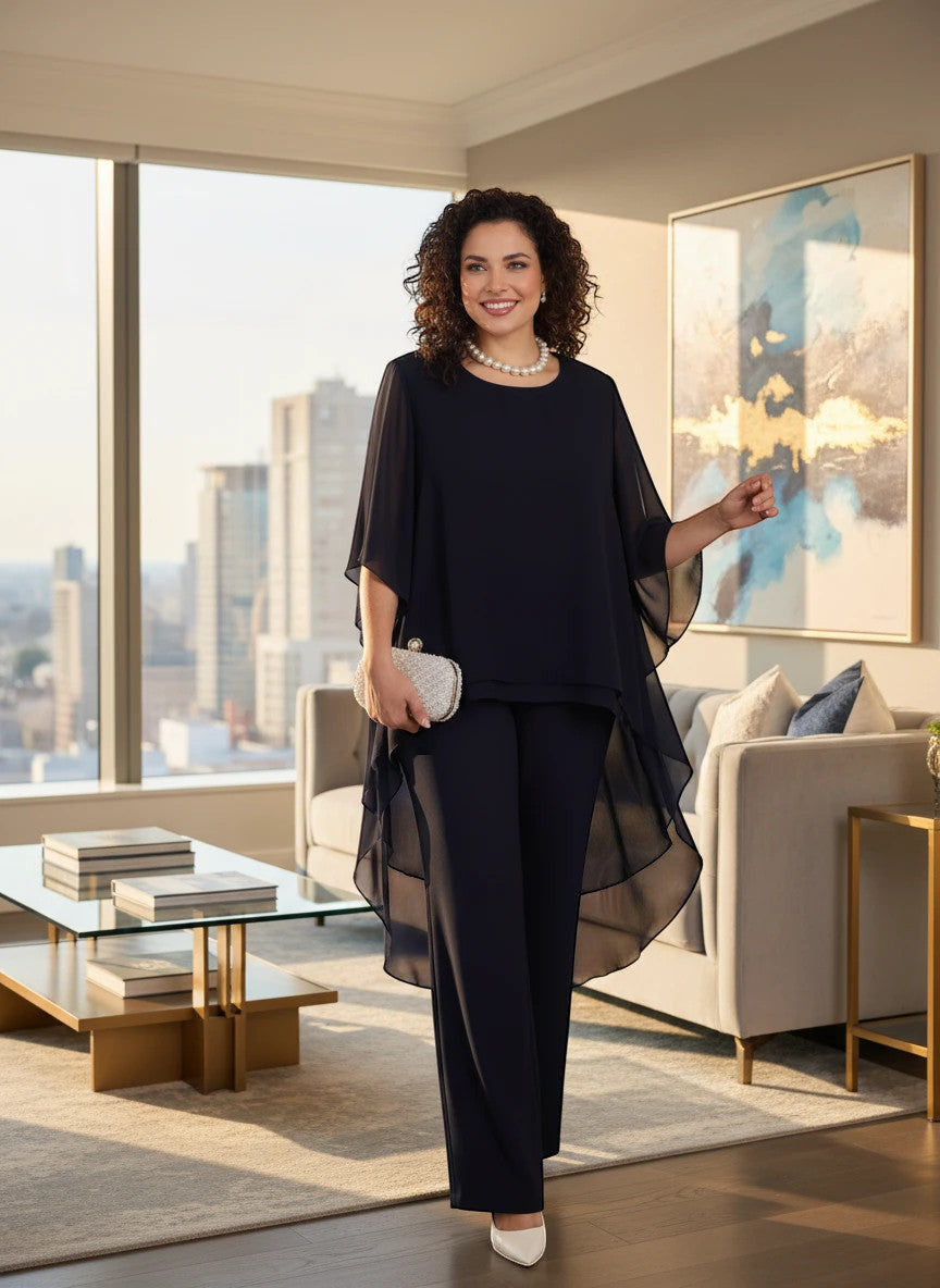 ZOFIA ATELIER navy blue flowy chiffon ensemble with wide-leg pants and a layered tunic top.