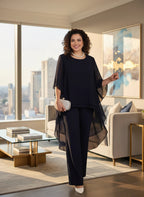 ZOFIA ATELIER navy blue flowy chiffon ensemble with wide-leg pants and a layered tunic top.