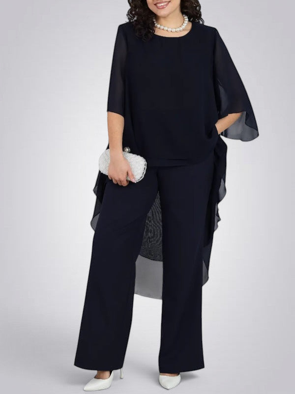 ZOFIA ATELIER navy blue flowy chiffon top and wide-leg pants set with pearl necklace.