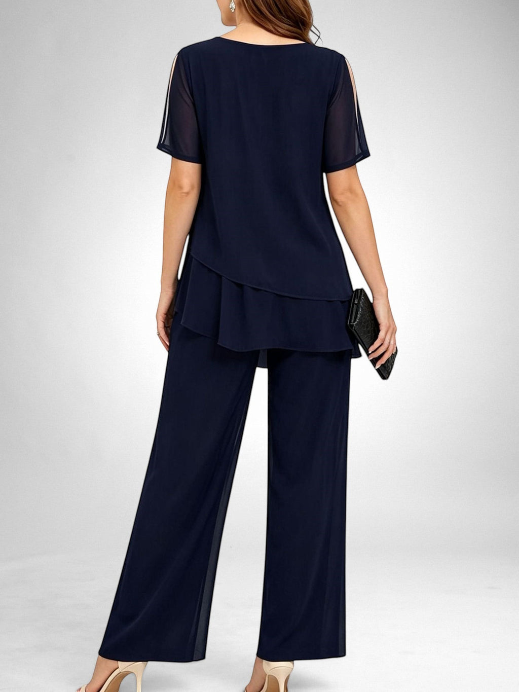 ZOFIA ATELIER navy blue chiffon patchwork set with wide-leg pants and short sleeves.