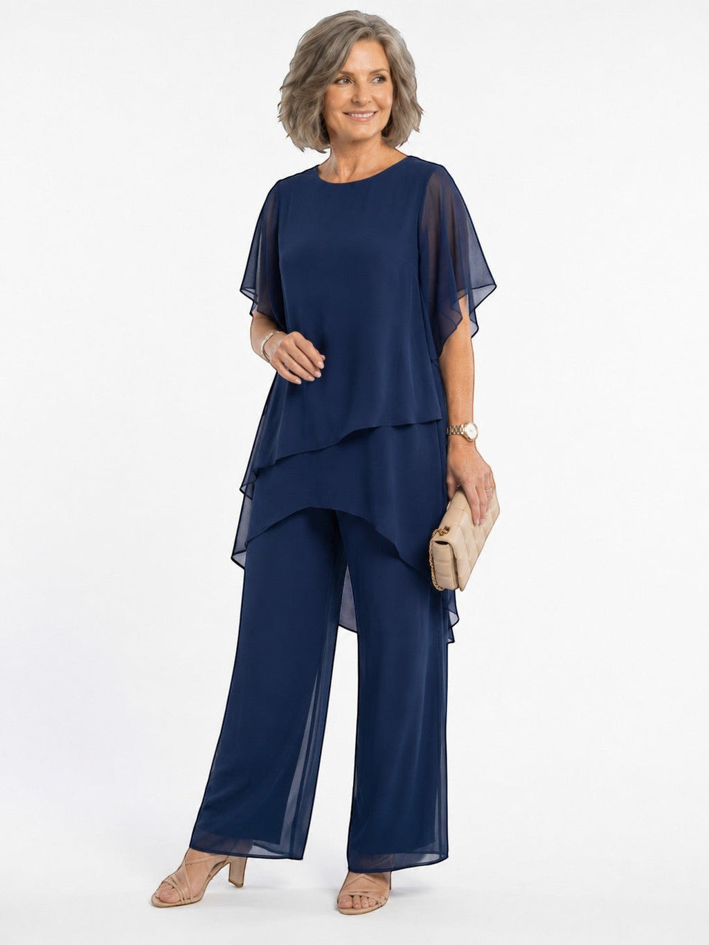 ZOFIA ATELIER navy blue chiffon suit set with quarter sleeves and wide-leg trousers.