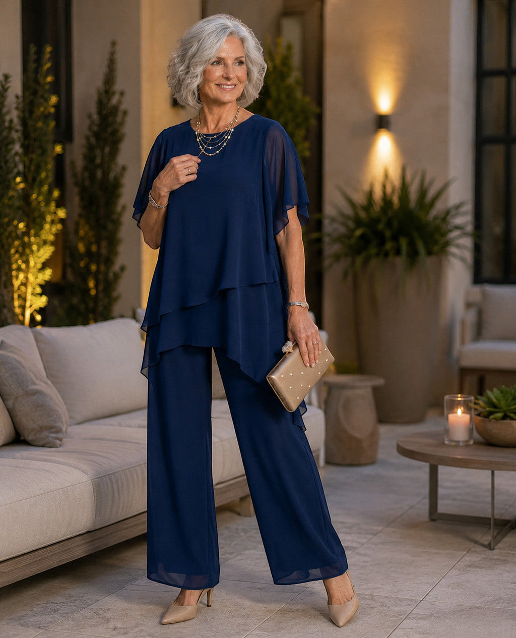 ZOFIA ATELIER navy blue chiffon suit set with quarter sleeves and wide-leg trousers, worn by a model.