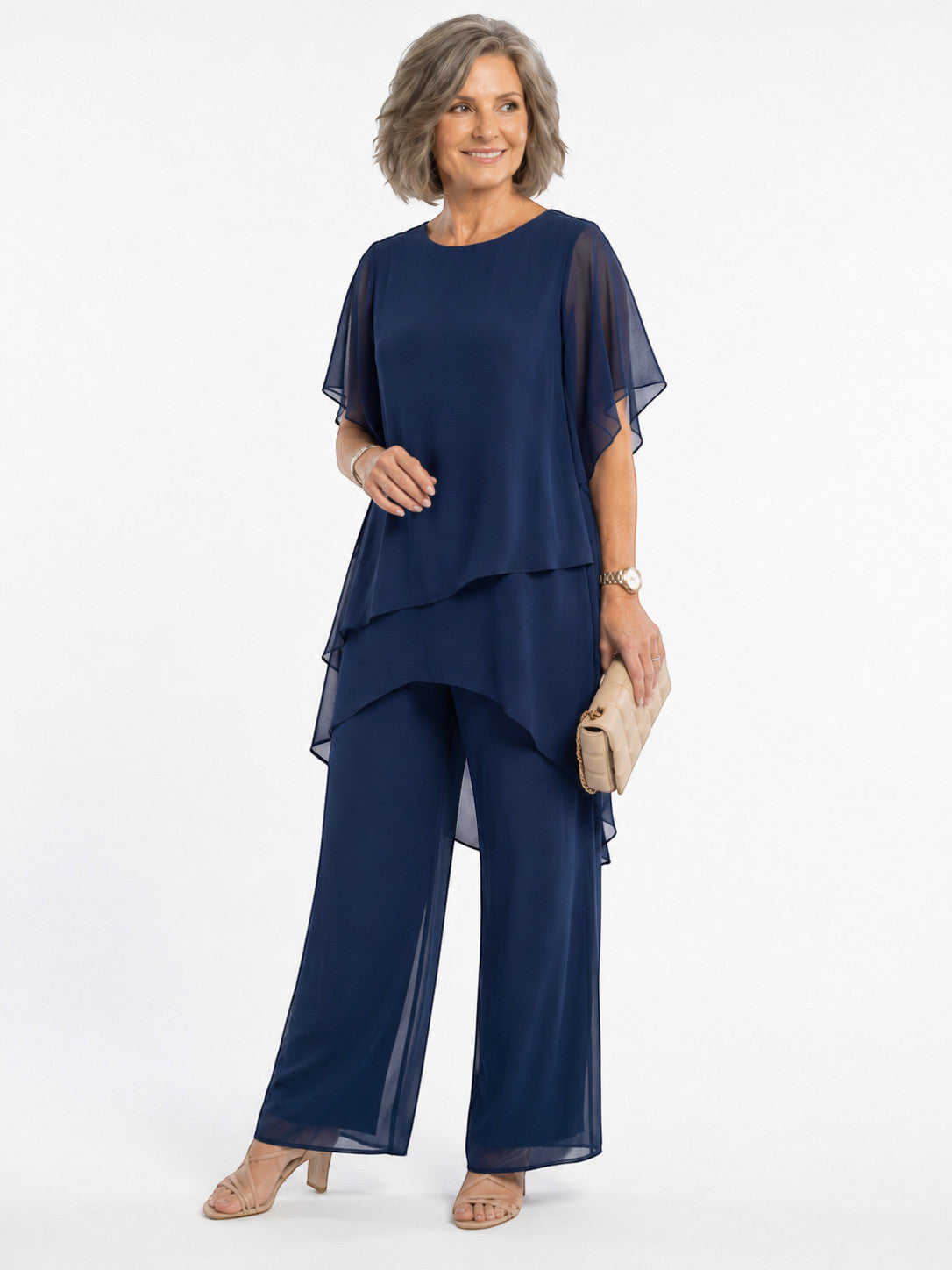 ZOFIA ATELIER navy blue chiffon suit set with quarter sleeves and wide-leg trousers.