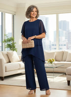 ZOFIA ATELIER navy blue chiffon suit set with quarter sleeves and wide-leg trousers.