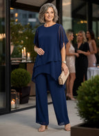 ZOFIA ATELIER navy blue chiffon suit set with quarter sleeves and wide-leg trousers, elegant for evening events.