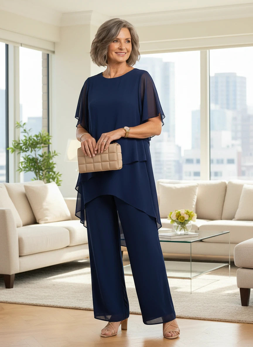 ZOFIA ATELIER navy blue chiffon suit set with quarter sleeves and wide-leg trousers.