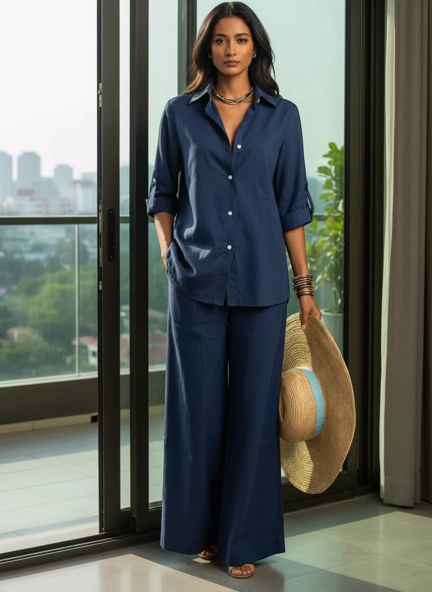 ZOFIA ATELIER navy blue 100% cotton resort set with full-length pants and regular sleeves.