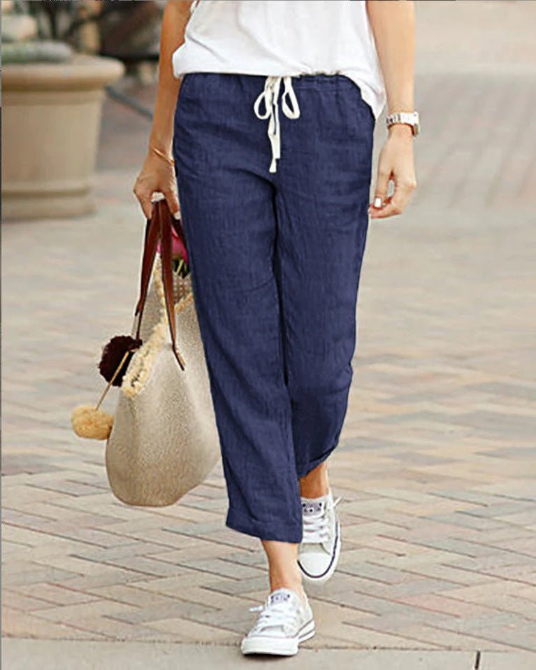 ZOFIA ATELIER navy blue drawstring cotton-linen blend pants with elastic waist and white drawstring.
