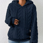 ZOFIA ATELIER navy blue plush flannel hooded coat with geometric pattern and embossed texture.
