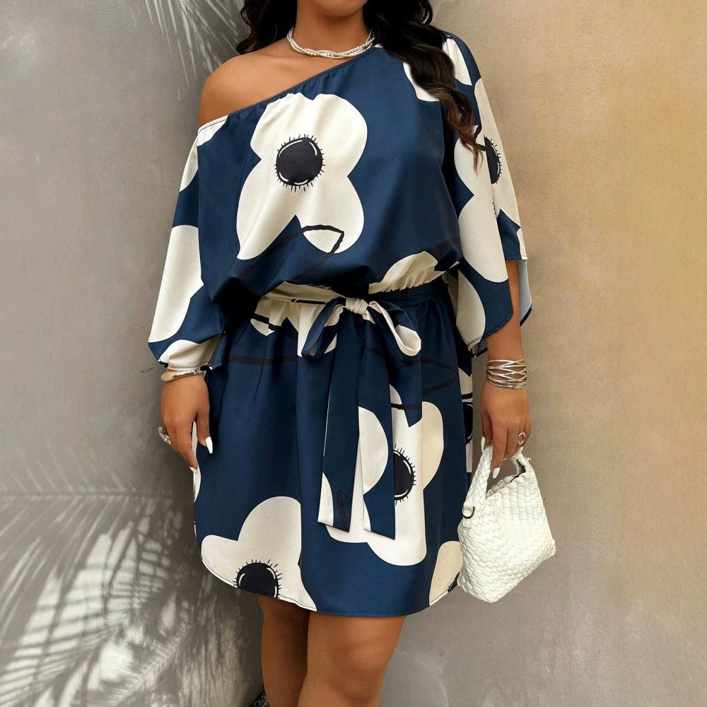 ZOFIA ATELIER navy blue and white floral print off-shoulder mini dress with tie waist