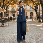 ZOFIA ATELIER navy blue polyester V-neck halter sleeveless wide-leg pants set with button details.