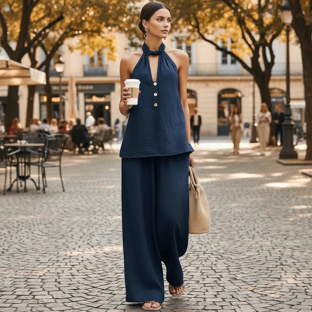ZOFIA ATELIER navy blue polyester V-neck halter sleeveless wide-leg pants set with button details.