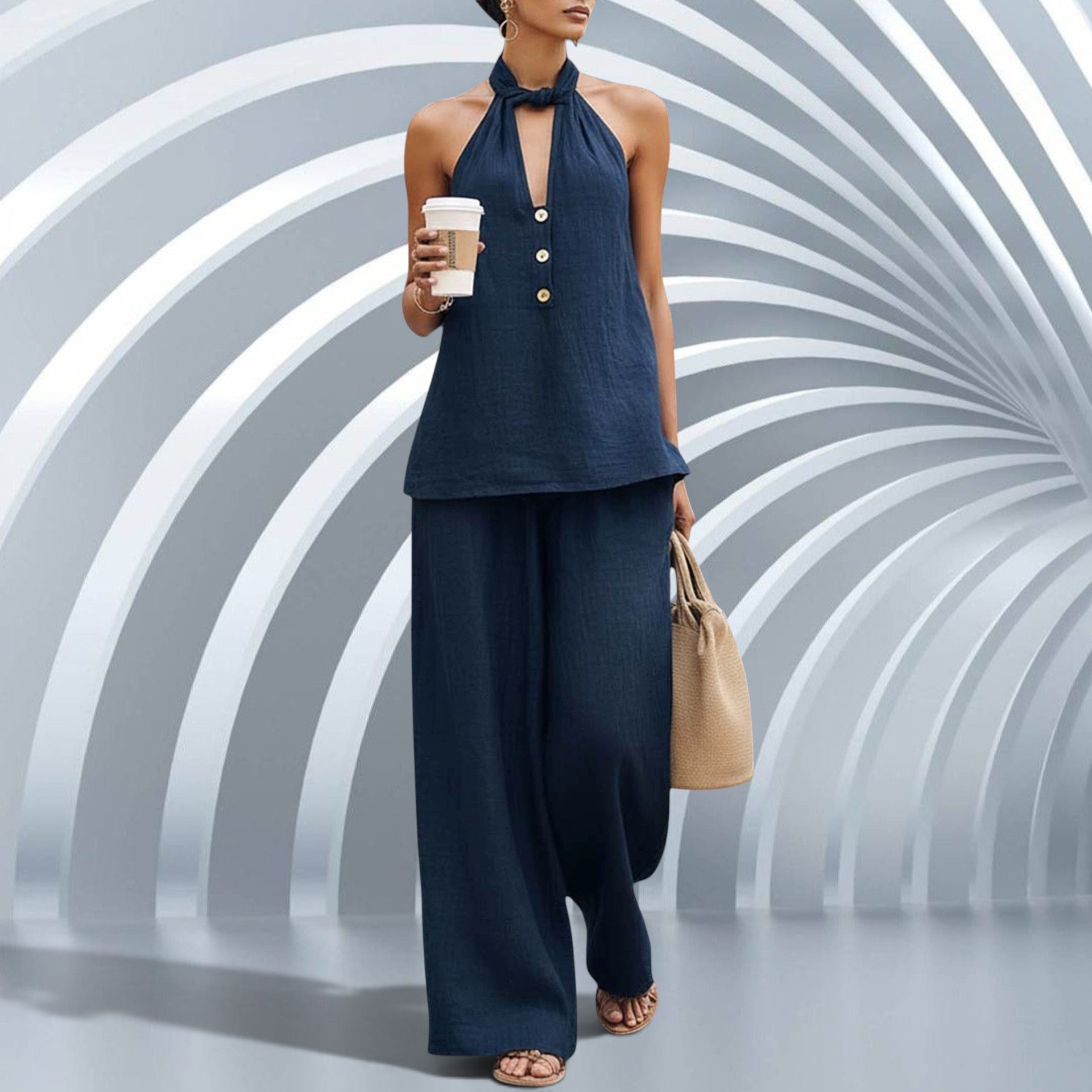 ZOFIA ATELIER navy blue polyester V-neck halter sleeveless top with gold buttons and wide-leg pants