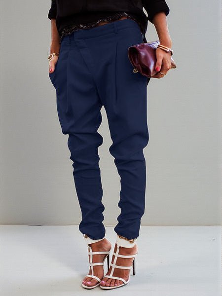 ZOFIA ATELIER navy blue high waist harem pants in polyester blend with tailored fit and cuffed ankles.