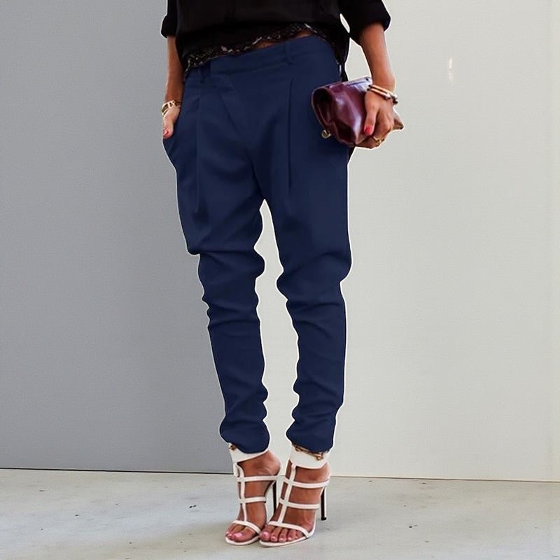 ZOFIA ATELIER navy blue polyester blend high waist harem pants with a tailored fit and cuffed ankles.