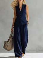 ZOFIA ATELIER navy blue linen blend sleeveless V-neck vest and wide-leg pants set.
