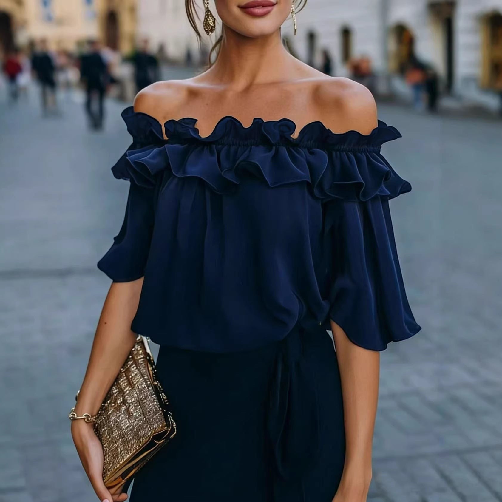 ZOFIA ATELIER navy blue off-shoulder ruffled short-sleeve chlorofiber blouse