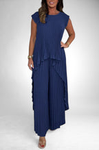 ZOFIA ATELIER navy blue pleated short sleeve polyester suit with wide leg pants.