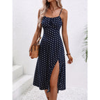 ZOFIA ATELIER navy blue polyester polka dot midi dress with spaghetti straps and high slit