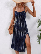 ZOFIA ATELIER navy blue polka dot polyester midi dress with spaghetti straps and high slit