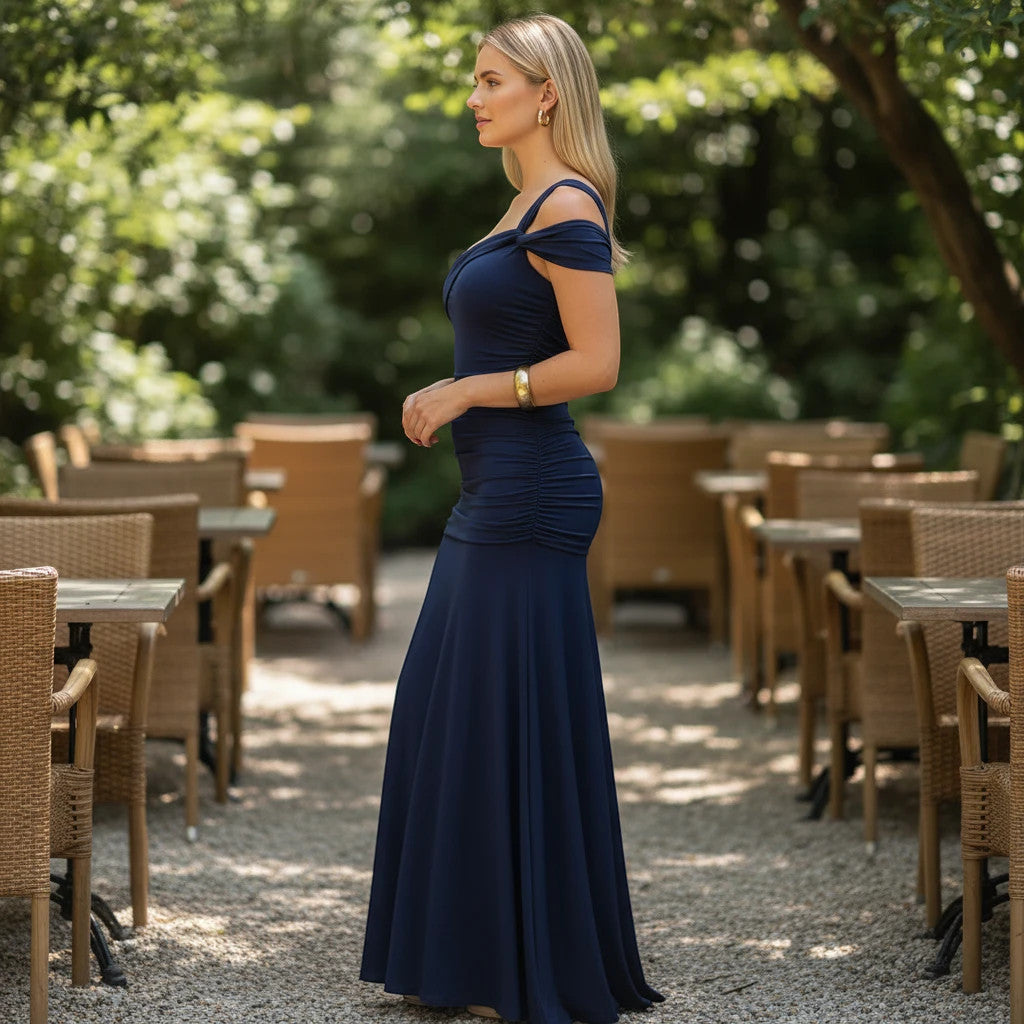 ZOFIA ATELIER navy blue polyester slim fit dress with oblique shoulder and ruched waist, floor length.