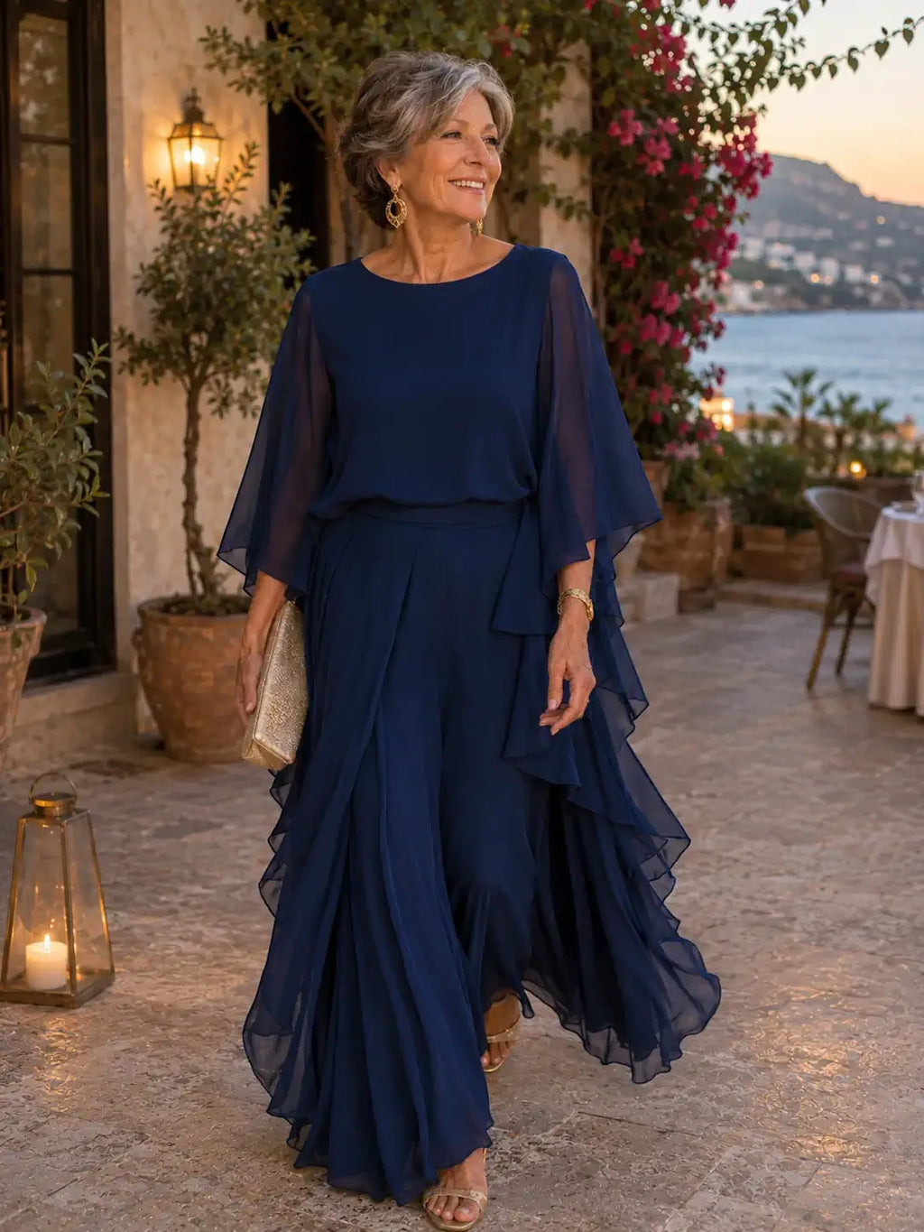 ZOFIA ATELIER navy blue chiffon ruffle edge wide-leg pant suit with long sleeves worn by a smiling woman.