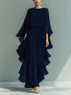 ZOFIA ATELIER navy blue chiffon two-piece pant suit with ruffle edge detailing and wide-leg pants.