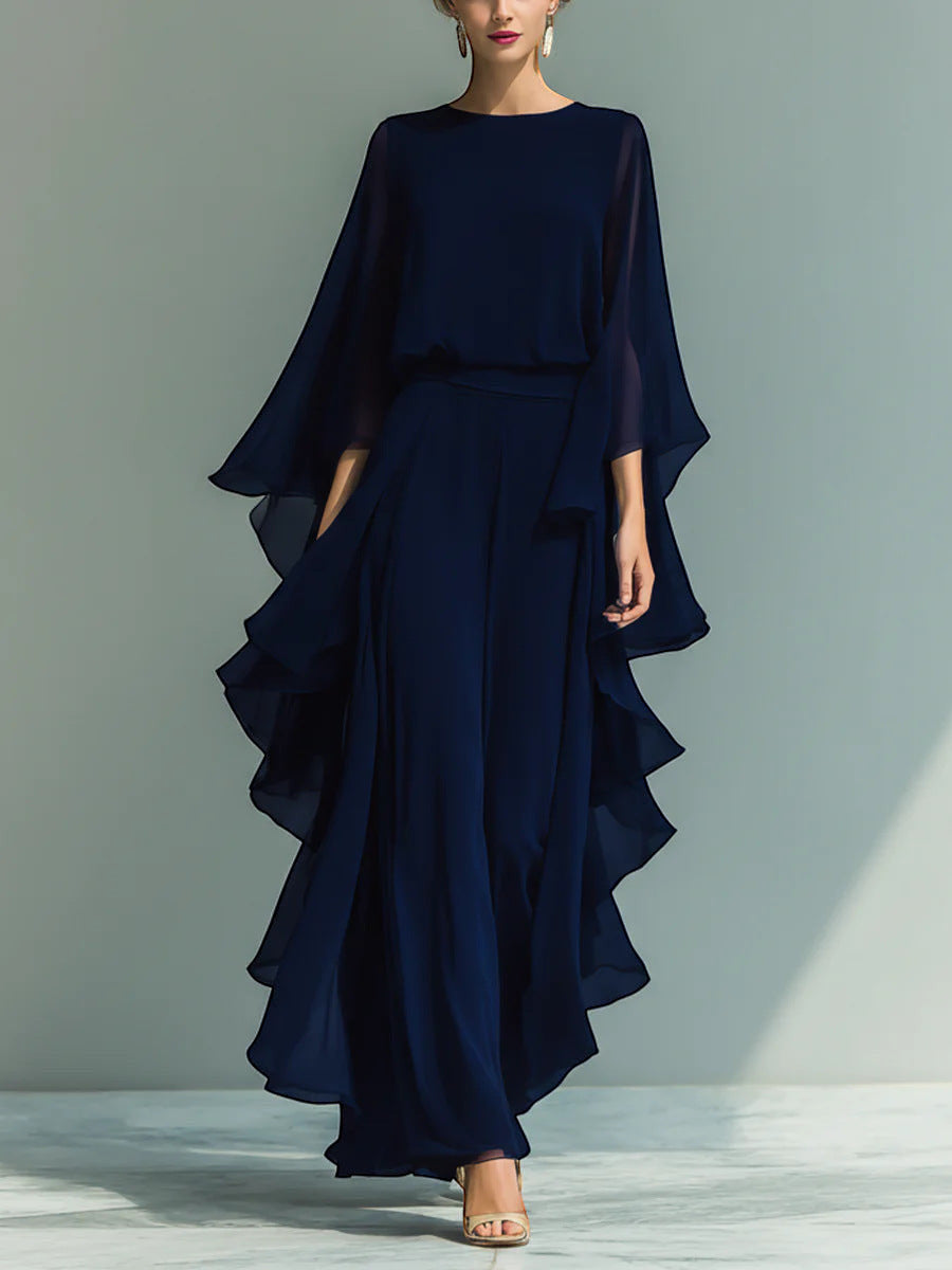 ZOFIA ATELIER navy blue chiffon two-piece pant suit with ruffle edge detailing and wide-leg pants.