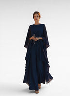 ZOFIA ATELIER navy blue chiffon ruffle edge wide-leg pant suit with long sleeves.