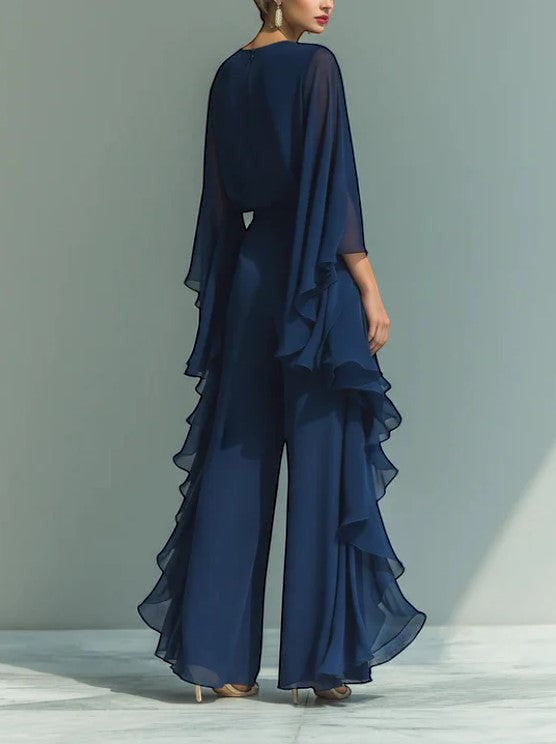 ZOFIA ATELIER navy blue chiffon ruffle edge wide-leg pant suite with cape sleeves.