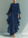 ZOFIA ATELIER navy blue chiffon ruffle edge wide-leg pant suite with long sleeves.