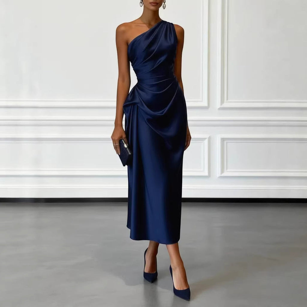 ZOFIA ATELIER navy blue satin one-shoulder midi dress with waist-cinching detail and flowing skirt.