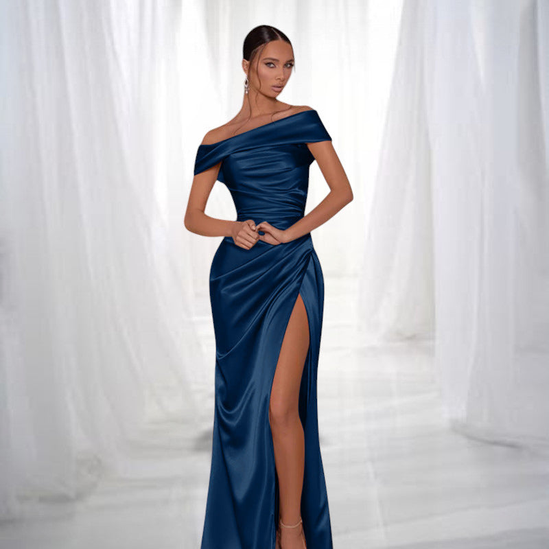ZOFIA ATELIER navy blue satin off-the-shoulder maxi dress with a high slit and draped waist.