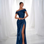 ZOFIA ATELIER navy blue satin off-the-shoulder maxi dress with a high slit and draped waist.