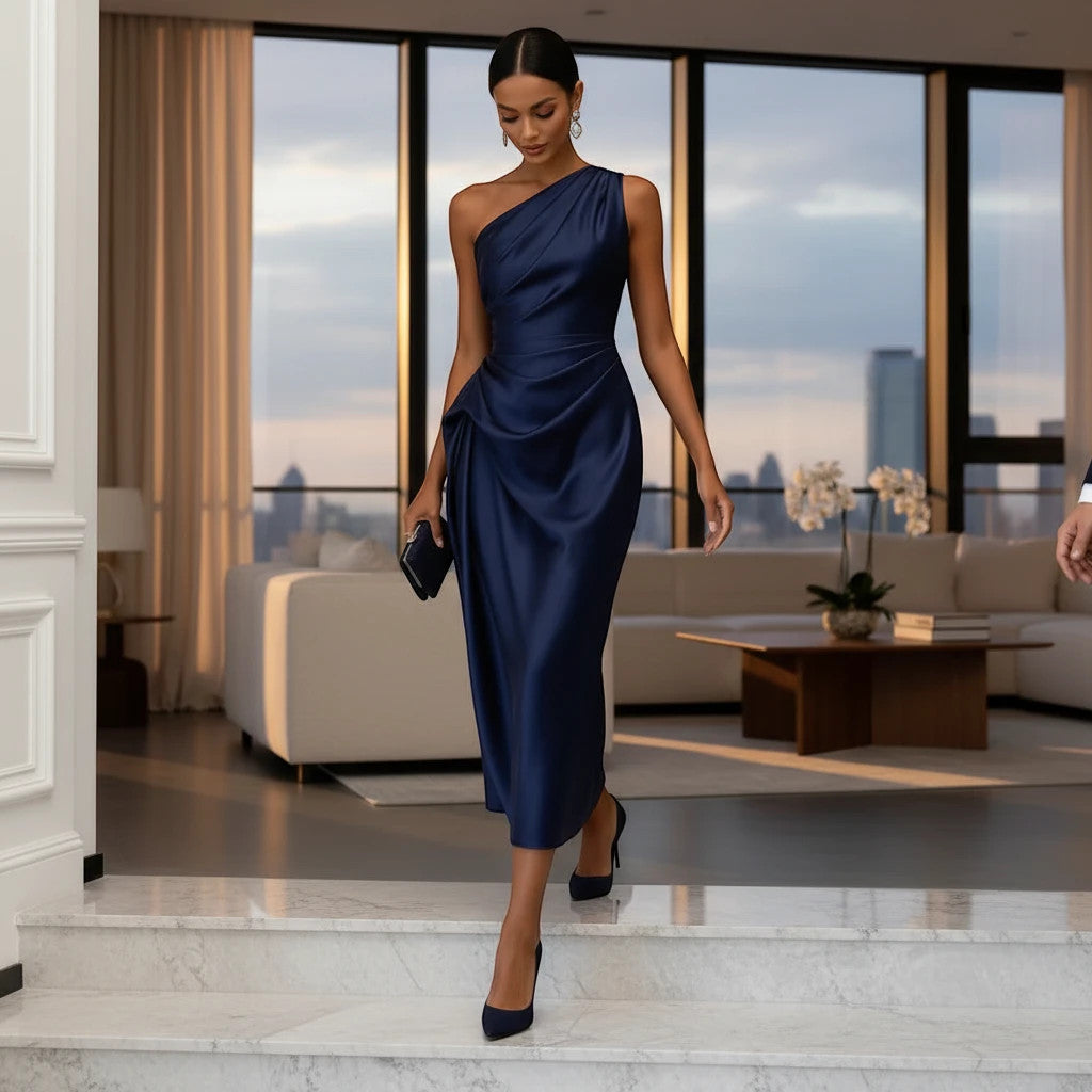 ZOFIA ATELIER navy blue satin one-shoulder midi dress with waist-cinching detail and artful pleats.