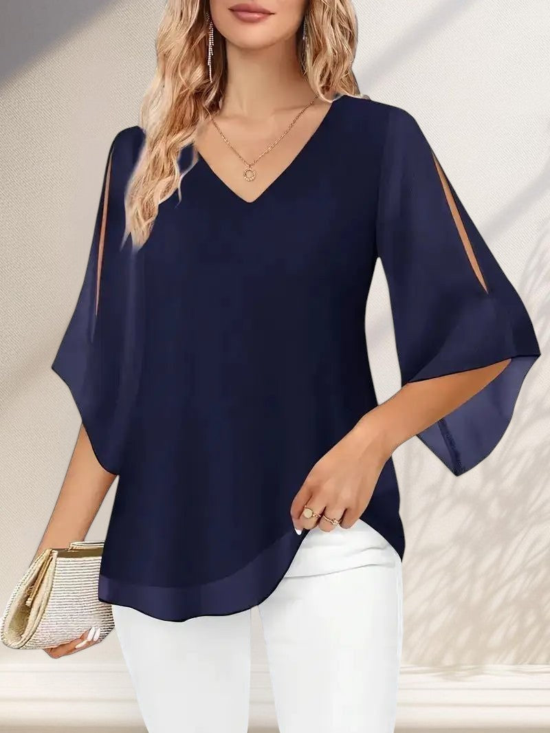 ZOFIA ATELIER navy blue split-sleeve V-neck blouse with a flowing fit and subtle sheen.