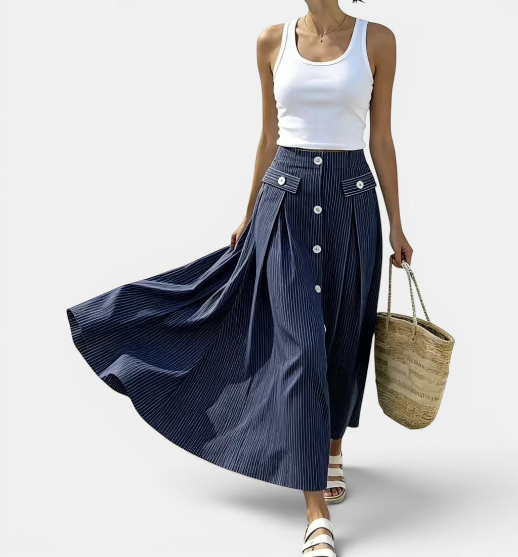 ZOFIA ATELIER navy blue and white striped polyester ankle-length skirt with button front and patchwork detail.