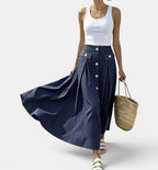 ZOFIA ATELIER navy blue and white striped polyester ankle-length skirt with button front and patchwork detail.