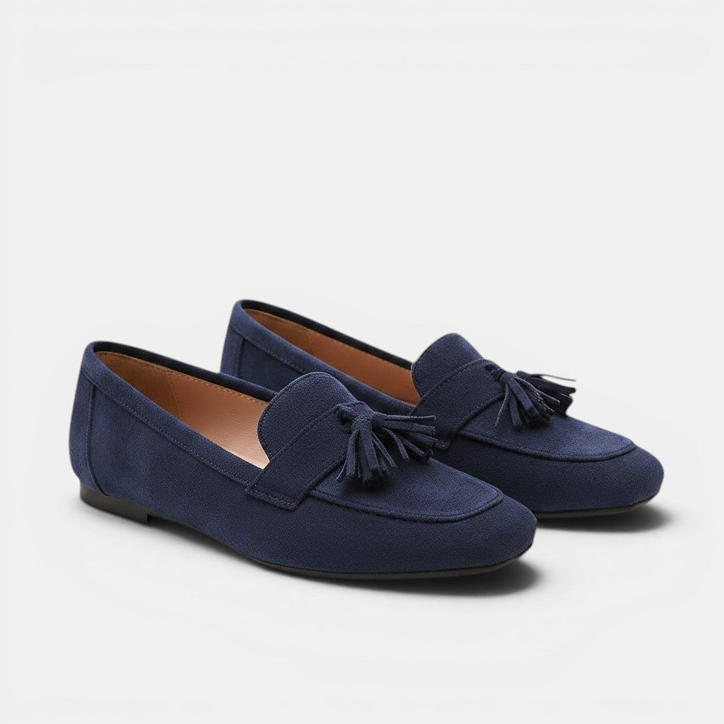 ZOFIA ATELIER navy blue suede slip-on loafers with tassels and square toe, low heel, for casual wear.