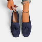 ZOFIA ATELIER navy blue suede square toe loafers with tassel detail and low heel.