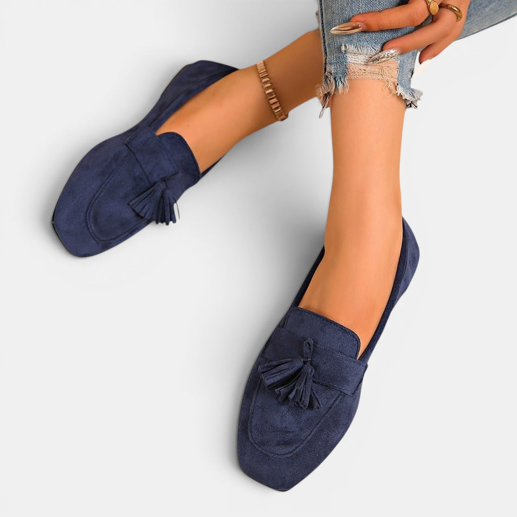 ZOFIA ATELIER navy blue suede square toe loafers with tassel detail, slip-on style, low heel for casual wear.