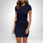 ZOFIA ATELIER navy blue short-sleeve cotton blend dress with a tie-knot detail at the waist.
