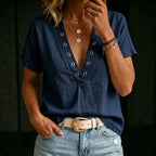 ZOFIA ATELIER navy blue ramie V-neck short sleeve blouse with grommet detail