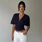 ZOFIA ATELIER navy blue polyester deep V-neck short-sleeve slim fit t-shirt