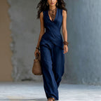 ZOFIA ATELIER navy blue V-neck sleeveless wrap top and wide-leg trousers set, made of polyester.
