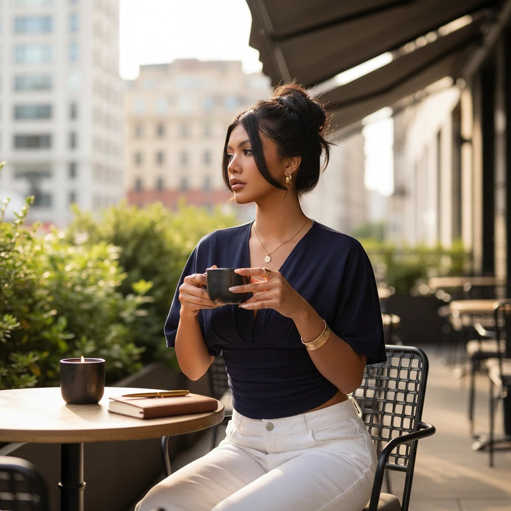 ZOFIA ATELIER navy blue polyester deep V-neck short-sleeve slim fit t-shirt worn by a woman sitting at a cafe.