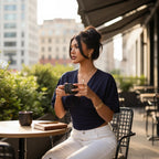 ZOFIA ATELIER navy blue polyester deep V-neck short-sleeve slim fit t-shirt worn by a woman sitting at a cafe.