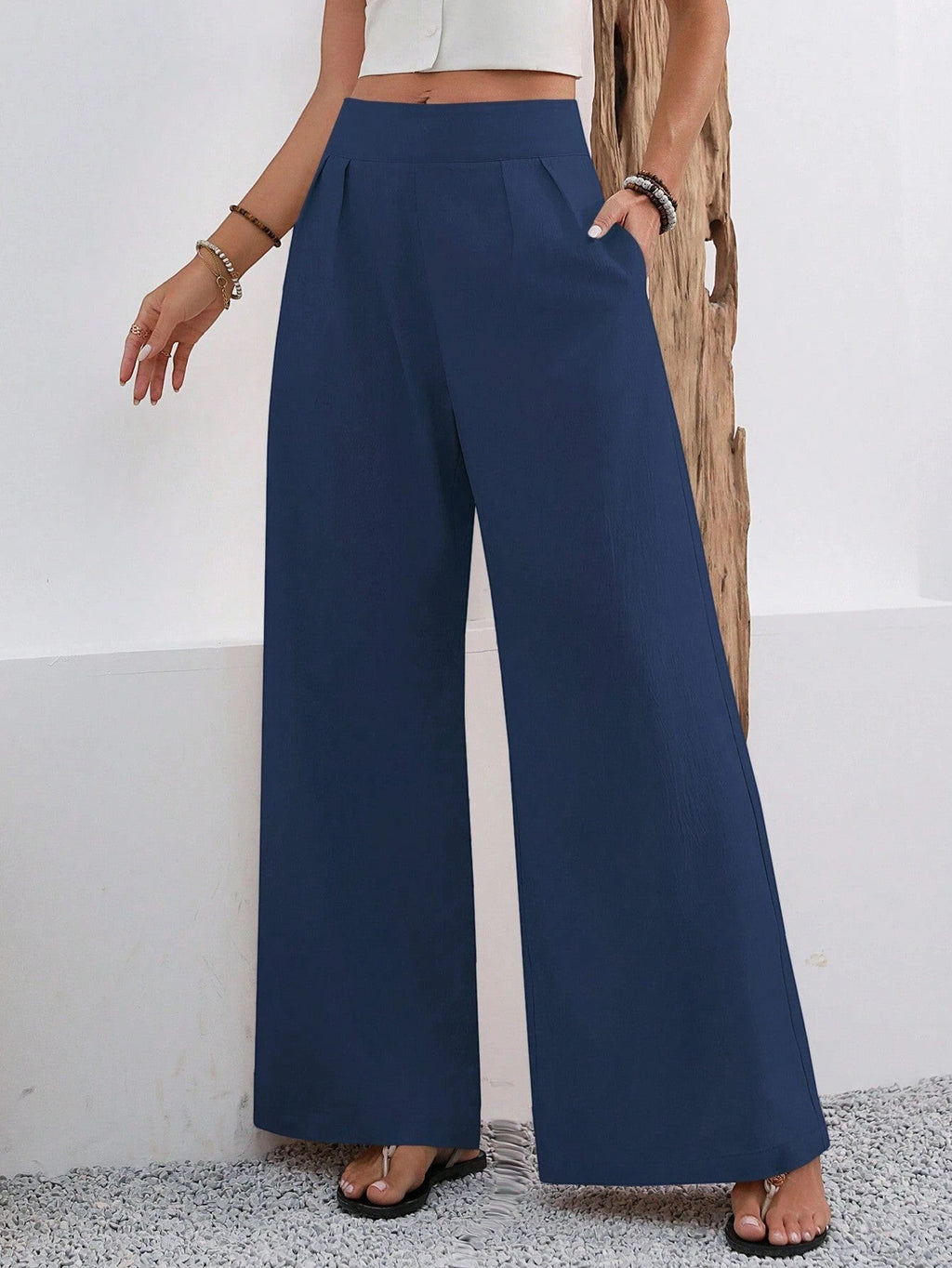 ZOFIA ATELIER navy blue polyester wide-leg trousers with pockets and high waist. Full-length elegant pants.