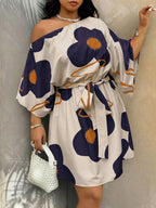 ZOFIA ATELIER off-shoulder mini dress with navy blue and apricot floral pattern, relaxed fit, A-line skirt.