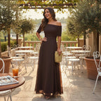 ZOFIA ATELIER off-shoulder sheer maxi dress in dark brown, made of stretch polyester with a high waist.